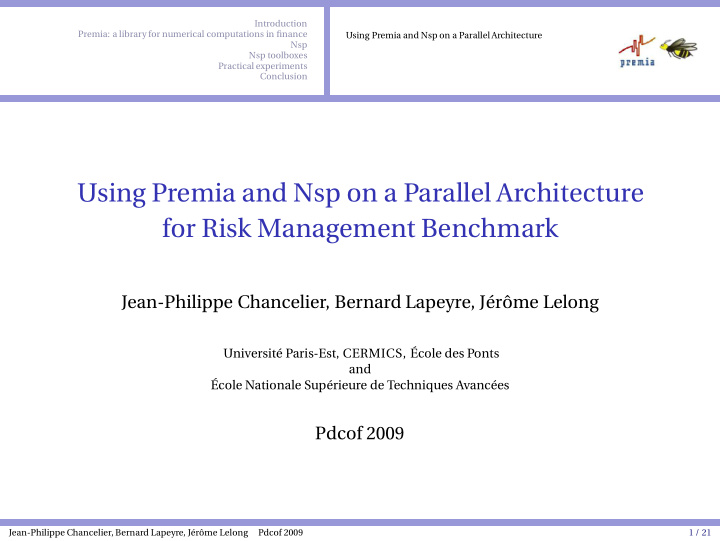 using premia and nsp on a parallel architecture for risk