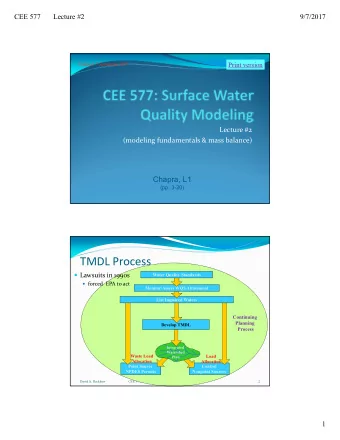 TMDL Process  Lawsuits in 1990s  Water Quality Standards  forced EPA to act  Monitor/Assess