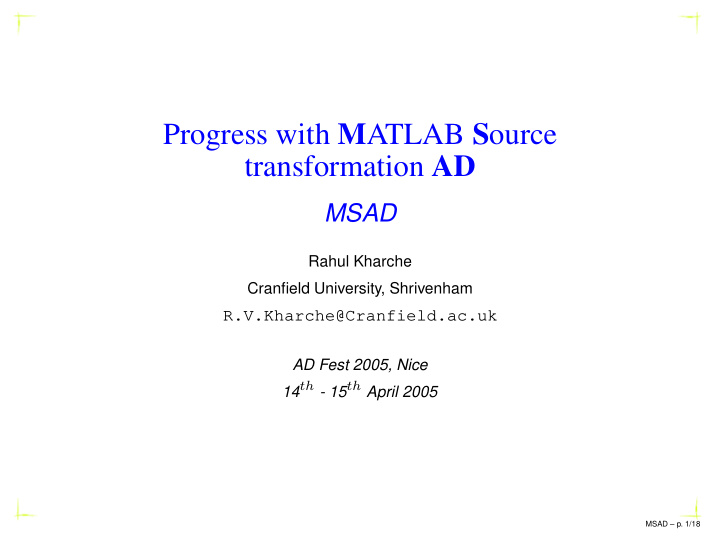 progress with m atlab s ource transformation ad