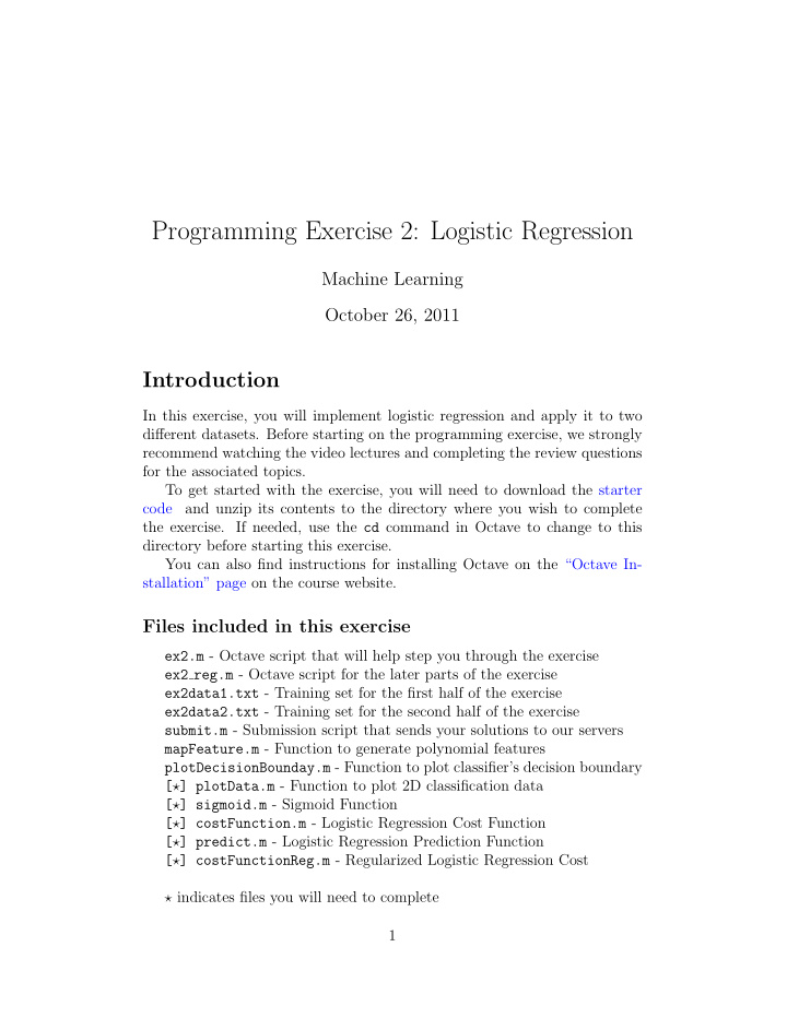 programming exercise 2 logistic regression