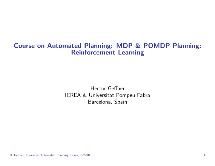 course on automated planning mdp pomdp planning