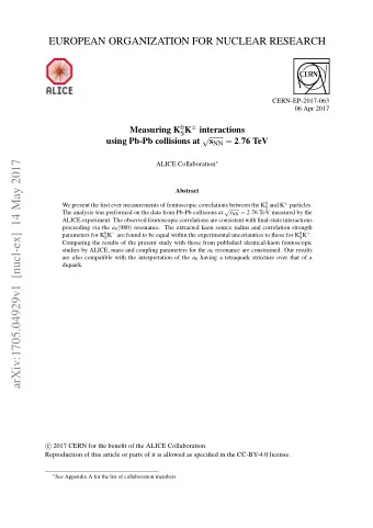 arXiv:1705.04929v1  [nucl-ex]  14 May 2017 ALICE Collaboration   Abstract S and K  particles.