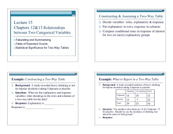Lecture 15  Decide variables roles, explanatory &amp; response  Put explanatory in rows,