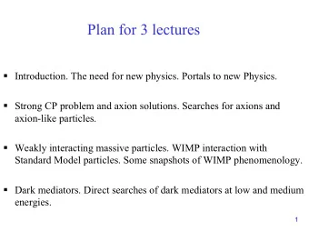 Plan for 3 lectures    Introduction. The need for new physics. Portals to new Physics.