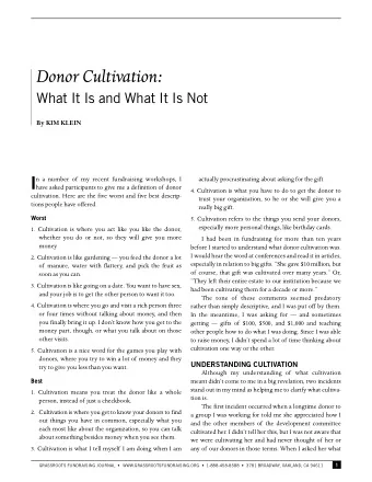 Donor Cultivation:  What It Is and What It Is Not  By KIM KLEIN  I  actually procrastinating about