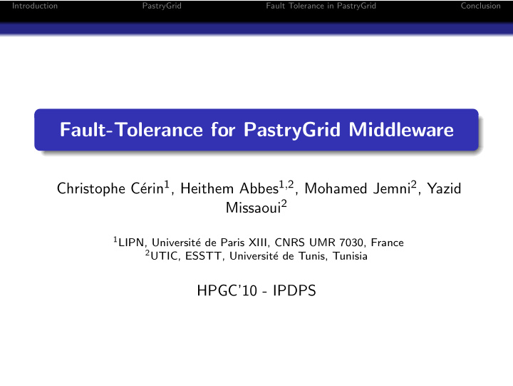 fault tolerance for pastrygrid middleware