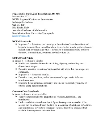 Flips, Slides, Turns, and Tessellations, Oh My!  Presentation #278  NCTM Regional Conference