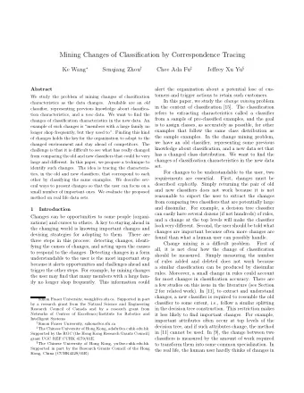 Mining Changes of Classification by Correspondence Tracing Ke Wang  Senqiang Zhou  Chee Ada