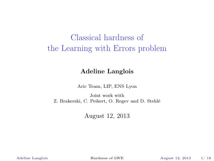classical hardness of the learning with errors problem