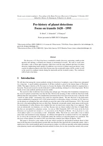 Pre-history of planet detections  Focus on transits 1620 - 1995 D. Briot 1 , J. Schneider 2 , P.