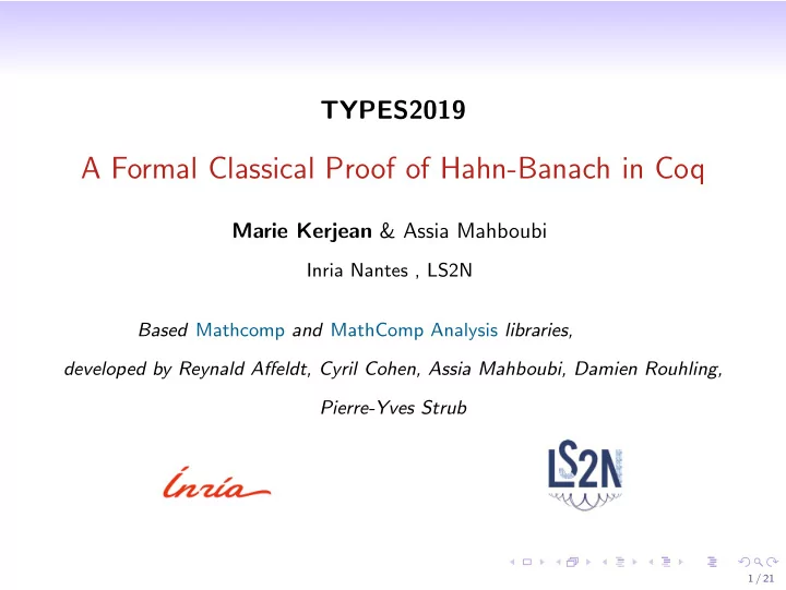 a formal classical proof of hahn banach in coq