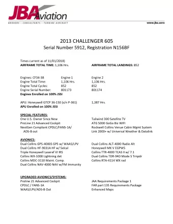 2013 CHALLENGER 605  Serial Number 5912, Registration N156BF  Times current as of 11/01/2018)