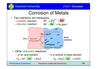 Corrosion of Metals   Two reactions are necessary: Zn  Zn 2 + + 2e   -- oxidation