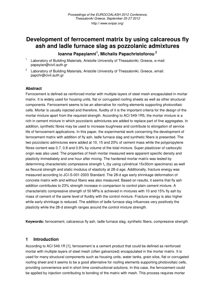 development of ferrocement matrix by using calcareous fly