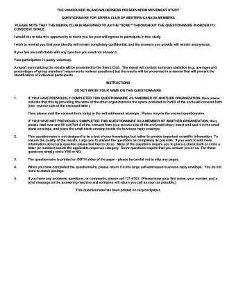 THE VANCOUVER ISLAND WILDERNESS PRESERVA  TION MOVEMENT STUDY  QUESTIONNAIRE FOR SIERRA CLUB OF W