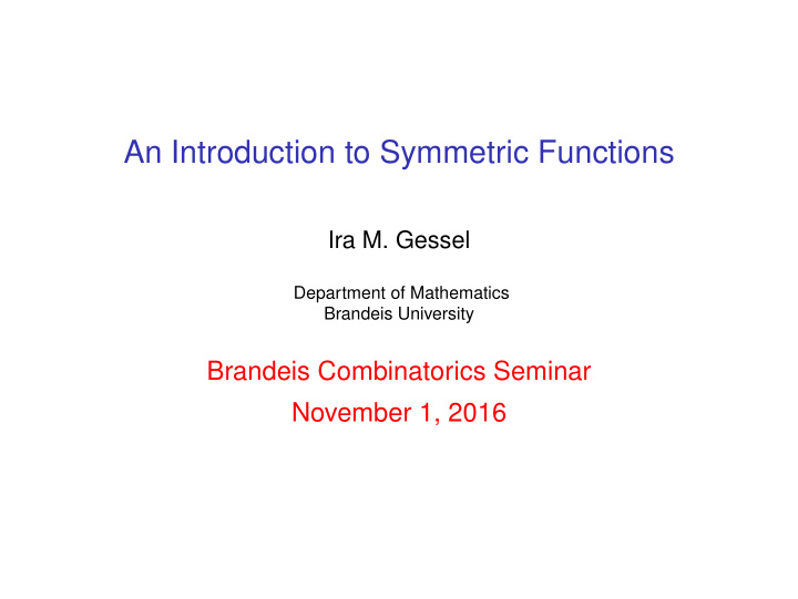 an introduction to symmetric functions