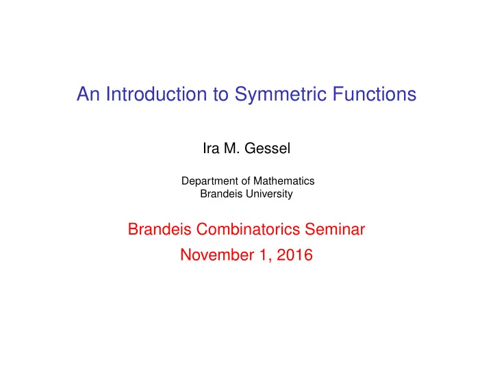 an introduction to symmetric functions