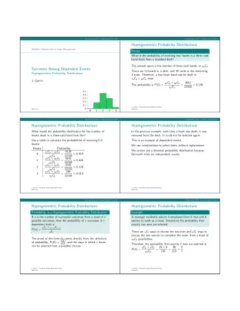 Hypergeometric Probability Distributions  MDM4U: Mathematics of Data Management  Recap  What is the