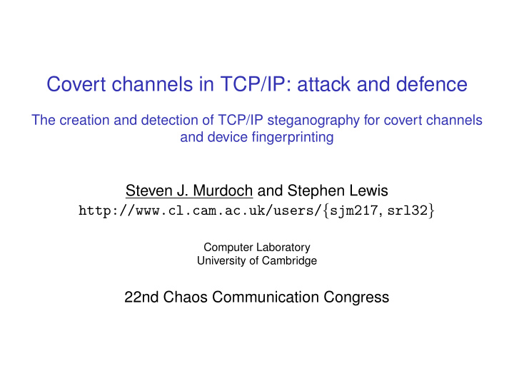 covert channels in tcp ip attack and defence