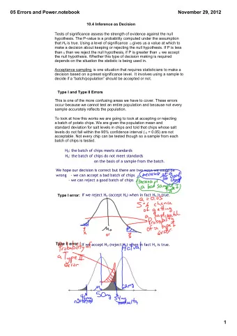 05 Errors and Power.notebook  November 29, 2012  10.4 Inference as Decision  Tests of significance