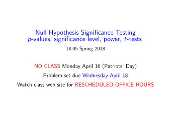 Null Hypothesis Significance Testing p -values, significance level, power, t -tests  18.05 Spring