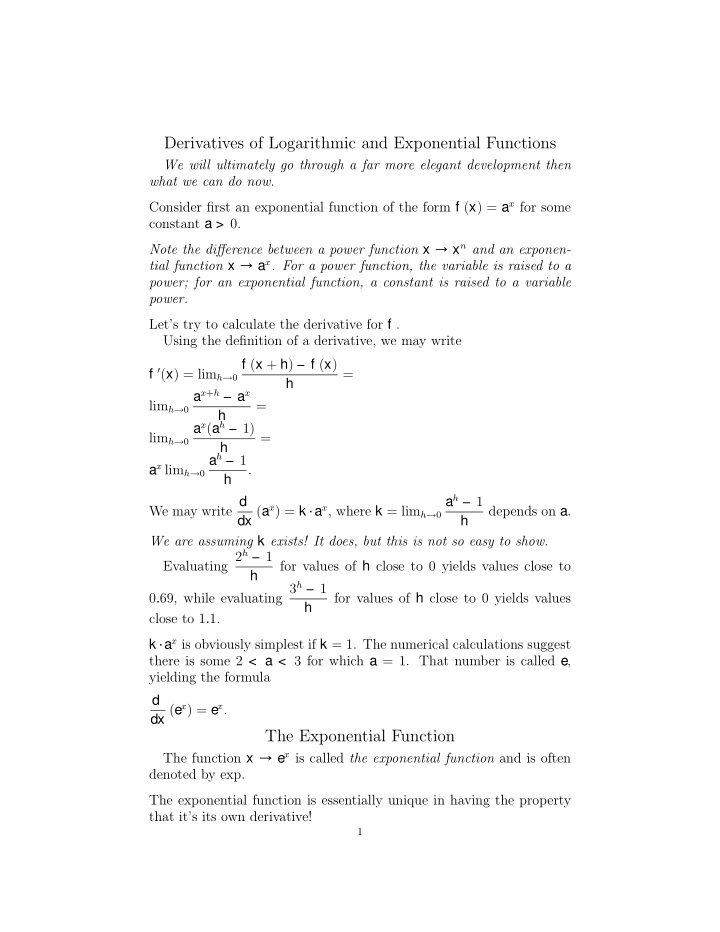 derivatives of logarithmic and exponential functions