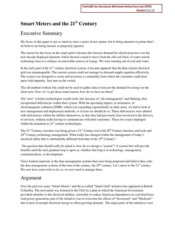 smart meters and the 21 st century executive summary