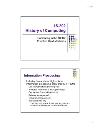 15-292  History of Computing  Computing in the 1800s:  Punched Card Machines  Information