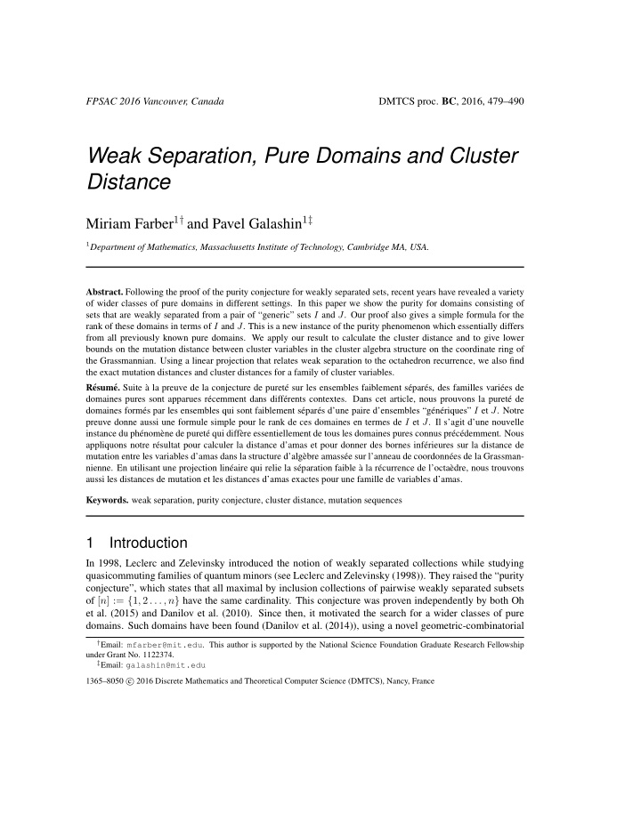 weak separation pure domains and cluster distance