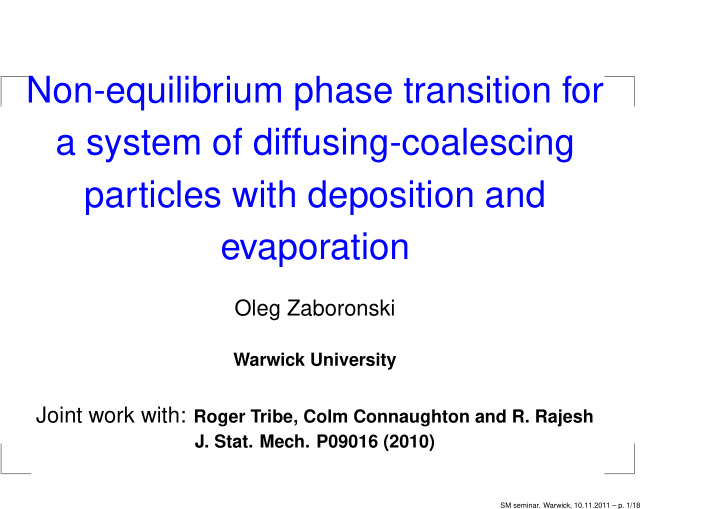 non equilibrium phase transition for a system of