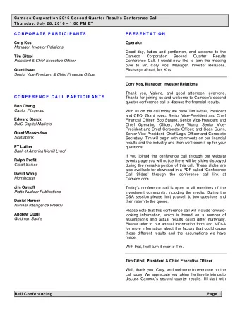 Cameco Corporation 2016 Second Quarter Results Conference Call  Thursday, July 28, 2016  1:00 PM