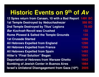 Historic Events on 9 th of Av  12 Spies return from Canaan, 10 with a Bad Report  1491 BC 1st