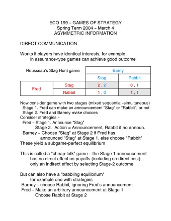 ECO 199 B GAMES OF STRATEGY Spring Term 2004 B March 4  ASYMMETRIC INFORMATION  DIRECT