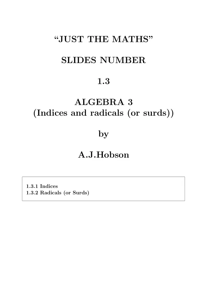 just the maths slides number 1 3 algebra 3 indices and