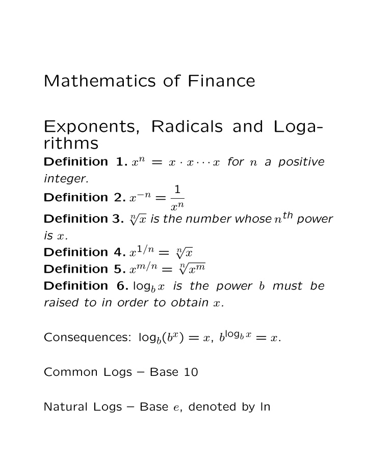 mathematics of finance exponents radicals and loga rithms