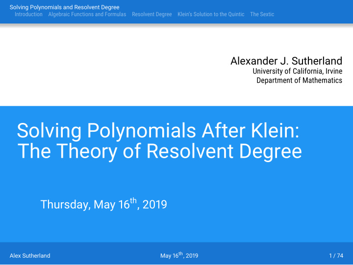 solving polynomials after klein the theory of resolvent