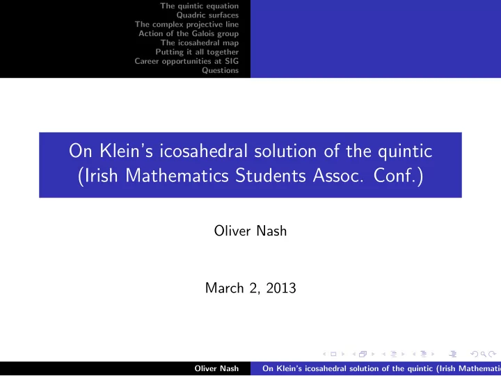 on klein s icosahedral solution of the quintic irish