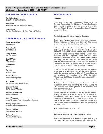 Cameco Corporation 2016 Third Quarter Results Conference Call Wednesday, November 2, 2016  1:00