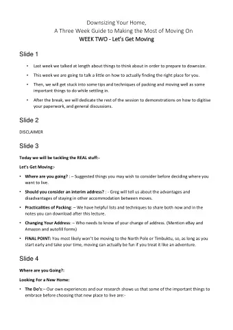 Downsizing Your Home,  A Three Week Guide to Making the Most of Moving On  WEEK T TWO - Lets Get