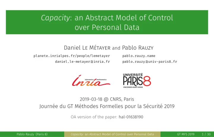 capacity an abstract model of control over personal data