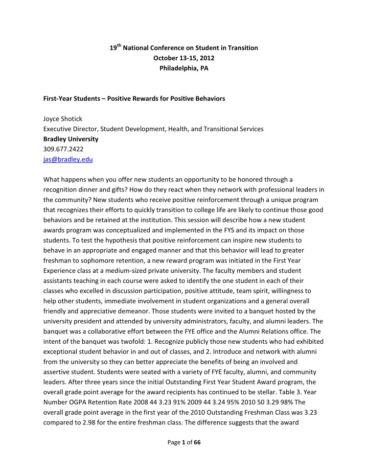 19 th national conference on student in transition