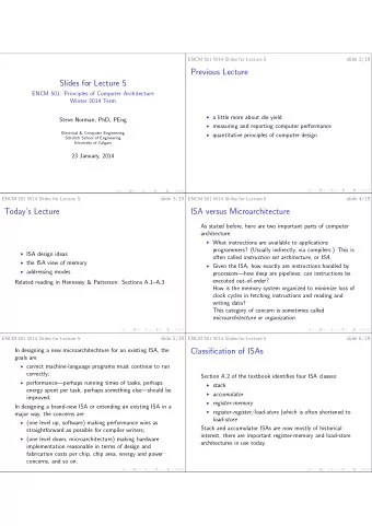 Previous Lecture  Slides for Lecture 5  ENCM 501: Principles of Computer Architecture  Winter 2014