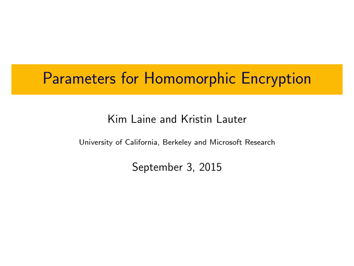parameters for homomorphic encryption