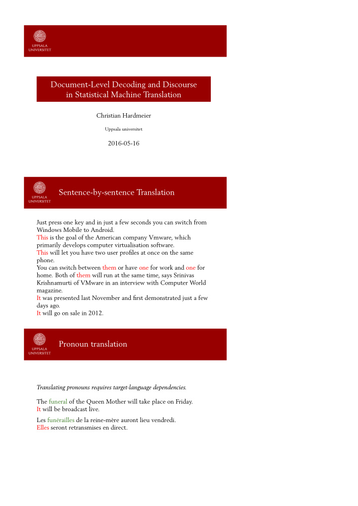 document level decoding and discourse in statistical