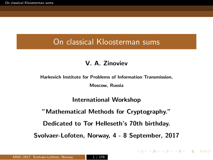 on classical kloosterman sums