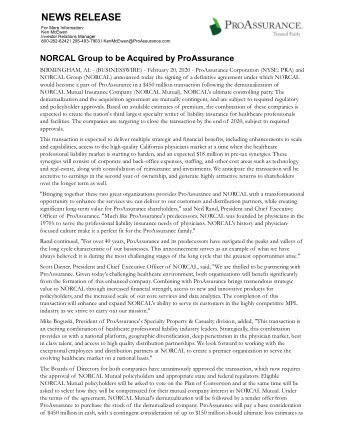 NEWS RELEASE  For More Information:  Ken McEwen  Investor Relations Manager  800-282-6242 l