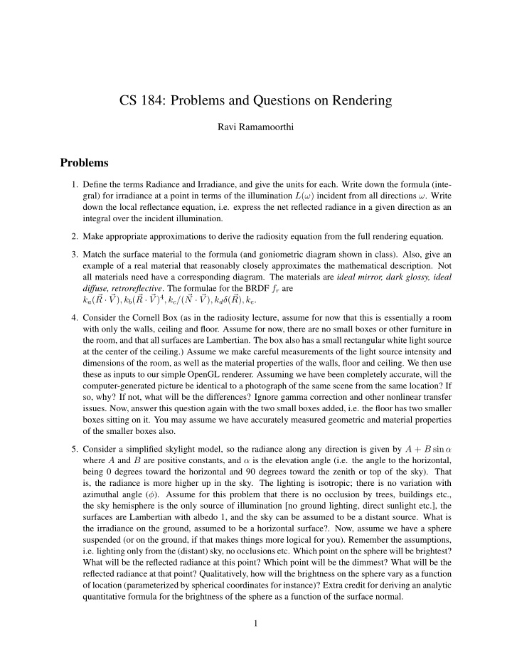 cs 184 problems and questions on rendering