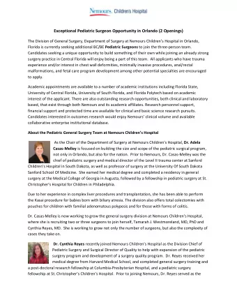 Exceptional Pediatric Surgeon Opportunity in Orlando (2 Openings) The Division of General Surgery,