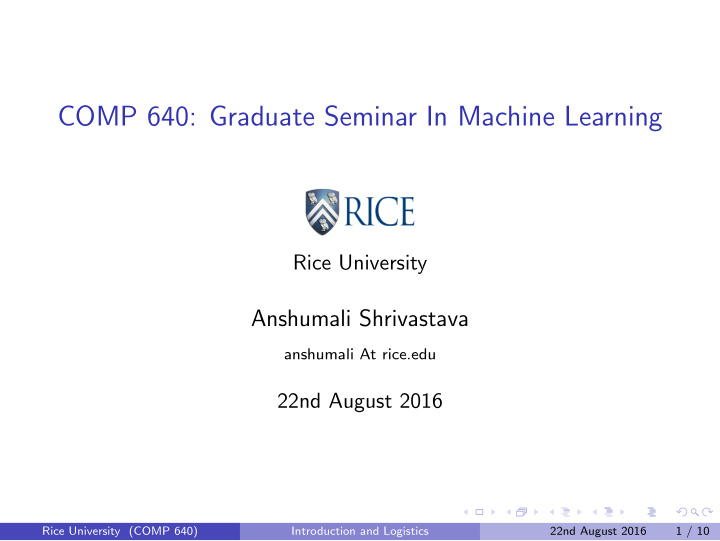 comp 640 graduate seminar in machine learning