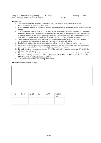 Comp 212 - Intermediate Programming  EXAM #1  February 12, 2003  Rice University - Instructors: Cox